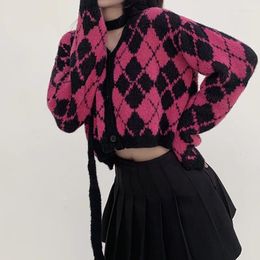 Women's Sweaters Women Y2K Pink Striped Gothic Single Breasted V Neck Loose Knitted Pullover Rhombic Lattice Rayed Fairy Grunge Jumpers