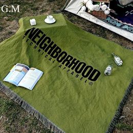 Blankets Casual Green Letter Tassels Knitted Portable Outdoor Camping Picnic Mat Vintage Throw for Bed Nap Blanket Sofa Cover 231208