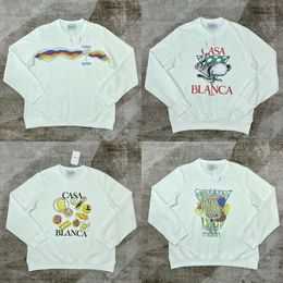 New Hot Sweatshirt Casablanca 23AW Niche Designer Hooded Sweatshirt Colourful Stripes Wave Letter Printed Men and Women Round Neck Loose Pullover Sweater Casablanc