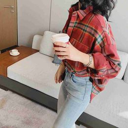 Women's Blouses Shirts 2023 Women Red Plaid Chequered Shirt Blouse Top New Woman Sweater Clothing Elegant Tunic Dress Oversize Long Sleeve Korean Sprin YQ231208