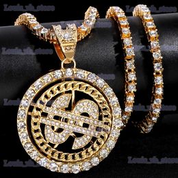 Pendant Necklaces Hip Hop Men Rotatable Dollar Sign Pendant Necklace Iced Out Bling Gold Sliver Colour Rhinestone Tennis Chain Necklace Jewerly T231208