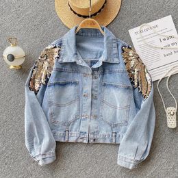 Women's Jackets 2023 Autumn Fashion Vintage Sequins Embroidery Long Sleeve Blue Denim Jacket Single-breasted All-Match Loose Jean Coats