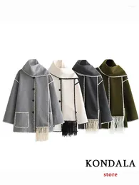 Women's Jackets KONDALA Chic Elegant Grey Coat High Scarf Collar Jacket Single Button Pocket Fringe Fashion 2023 Autumn Vintage Long Outwear