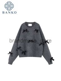 Women's Knits Tees 2023 Autumn Winter Women Crew-neck Solid Colour Knitted Pullover Sweater Bow Decoration Puff Long Sleeve Loose Knitwear Jumper J231208