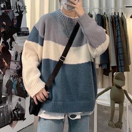 Men's Sweaters Autumn Men Contrast Colour Teenagers All-match British Style Chic Daily Cosy Soft Round Neck Knitting Pullovers