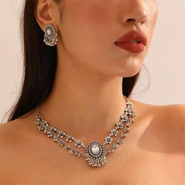 Necklace Earrings Set Vintage Bohemian Flower Necklaces For Women Oxidised Silver Colour Metal Crystal Tribal