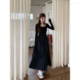 Casual Dresses HOUZHOU Vintage Square Collar Black For Women Elegant Long One-piece Dress Gown Sleeve Bodycon Midi