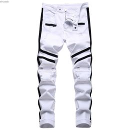 Men's Jeans Punk Jeans Men Zipper Hip Hop Slim Fit White Bike Jeans Elastic Split Denim Pants Cotton Fashion Casual Jogging Clothing YQ231208