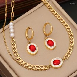 Necklace Earrings Set Stainless Steel Red Oval Zircon Pendant Single Side Double Layer O-shaped Thick Full Of Crystal