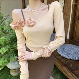 Women's T Shirts VThree-dimensional Flower Skew Neck Off-the-shoulder Long Sleeve T-shirt Female Pure Desire Spice Short Retro Slim-fit Base