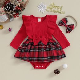 Rompers Ma Baby 024M Christmas Born Infant Baby Girls Rompers Long Sleeve Bow Plaid Jumpsuit Headband Xmas Outfits D05 231207