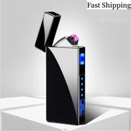 Fashionable Electric Dual Arc USB Rechargeable Windproof Flameless Plasma Lighter LED Power Supply Touch Screen For Men's Gift