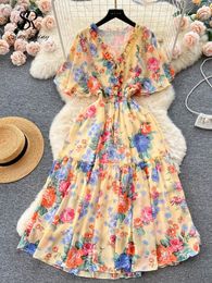 Casual Dresses SINGREINY French Sexy Print Dress Women Elastic Waist V Neck Ruched Flared Sleeve Summer Beach Vacation Floral Long