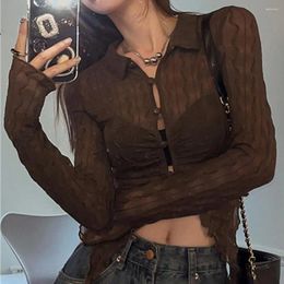 Women's Blouses V-neck Long Sleeve Cardigan V Neck Naked Navel Crop Tops Blouse See-through Sexy Thin Korean Versatile Y 2 K Sweater Top