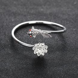 Bangle Cute Female Fish Flower Bracelets Luxury Silver Color Wedding For Women Korean Metal Open Jewelry