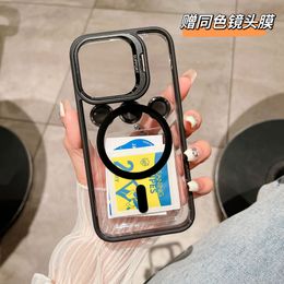 Magnetic Lens Metal Ring Stand Phone Case For IPhone 13 11 12 14 15 Pro Max with Lens Glass Film Protection Transparent Hybrid Cover 1pc