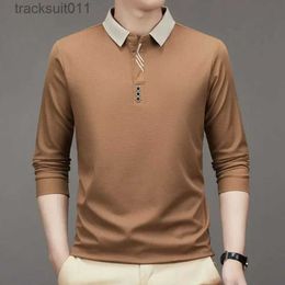 Men's T-Shirts Men's Long Sle Turn-down Collar Waffle T-shirt Business Casual Contrast Line Shirt L231208