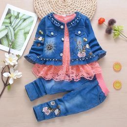 Clothing Sets Spring 04Y Little Girl Princess Clothes Set Denim Jacket Long Sleeves Lace T Shirt Jeans 3Pcs Baby Skirt 231207