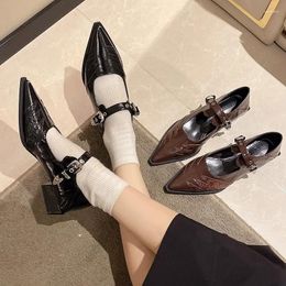 Dress Shoes Retro Sweet And Cool Mary Jane For Women 2024 Design Low-heeled Single Pointed Toe Black Small Leather