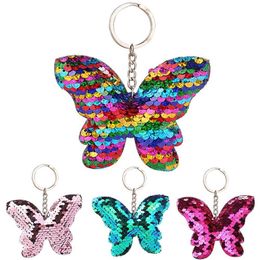 Car Sparkling Colourful Sequins Butterfly Shape Pendant Keychain Car Key Ring Holder Hanging Decoration Keychain Sequins Decor 12270e