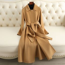 Double sided woolen coat, women's mid length 2023 winter new slimming knee length woolen coat, high-end women's clothing