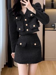 Work Dresses High Quality Woolen Suit V-Neck Short Jacket Waisted Skirt Two-Piece Set 2023 Fashionable Women'S Clothing