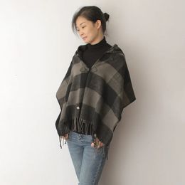 Scarves Winter Women Scarf Classical Black Grey Plaid Hooded Scarf Shawl Wraps Female Warm Cashmere Poncho Pashmina Cape With Hat 231207