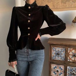 Women's Blouses Autumn Winter Fashion Stand Collar Vintage Single-breasted Shirt Clothing Casual Korean Ruffles Long Sleeve Waist Blouse