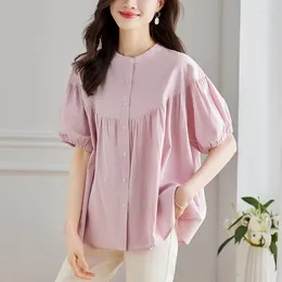 Women's Blouses Cotton Shirts For Women Vintage Half Sleeve Solid Cardigans Casual Single Breasted Korean Style One-piece Blouse Tops