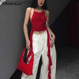 Women's Tanks Camis Xeemilo Vintage Red Off Shoulder Tank Top Y2K Chic 3d Flower Ruffles Backless Crop Tops Summer 2023 Sexy Pleated Halter Camisole L231208