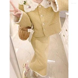 Two Piece Dress Yellow Sweet Style Women's Suit Jacket Skirt Socialite Elegant French Top Autumn And Winter High-grade Two-piece Set