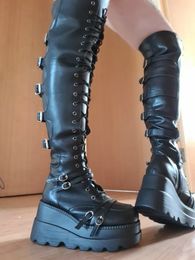 Boots Brand Design Big Size 43 Shoelaces Cosplay Motorcycles Boots Buckles Platform Wedges High Heels Thigh High Boots Women Shoes 231207