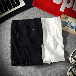 Men's Jeans Men White Denim Shorts Summer Holes Casual Shorts Stretch Jeans Men Cotton Solid Slim Fit Shorts Pants Elastic Knee Length PantsL231209