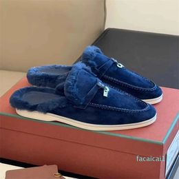 Winter Fur Open Charms Walk suede loafers Moccasins shoes wool Mules Warm leather men's slip on flat women's Designers