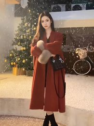 Casual Dresses Wool Cuffs Hair Lace Up Double-sided Cashmere V-neck Temperament Medium Length Woollen Coat