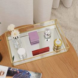 Storage Boxes Storage tray gold square glass makeup organizer fruit tray dessert board jewelry display mirror bracket home kitchen decoration 231208