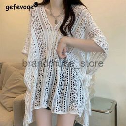 Women's Knits Tees Sexy Hollow Crochet Bikini Cover Up Beach Tunic Top Female 2023 Summer Vacation Oversized Bathing Beachwear Knitwear Women Smock J231208