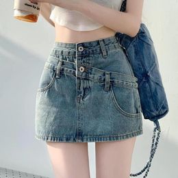 Skirts Hsa Asymmetrical Pockets Chic Blue Denim Cargo For Women Pink Low Waist A Line Y2K Style Streetwear Mini Jeans Skirt