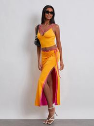 Work Dresses Wsevypo Contrast Color 2Pieces Dress Sets Sexy Summer Women's Cross Straps Cropped Camis And Wrap Long Skirts Clubwear Outfits