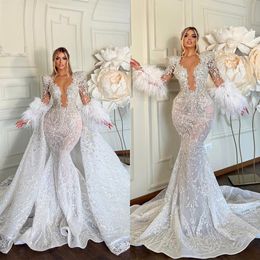 Sexy Feather Arabic Mermaid Plus Size Detachable Train Lace Bridal Dresses Beaded Crystal Wedding Gowns