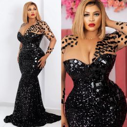 Black Plus Size Prom Dresses Long Sleeves Illusion Tulle Mirror Sequin Evening Dress Birthday Party Second Reception Gowns Vestidos De Gala African Gown AM114