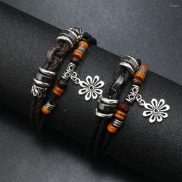Charm Bracelets Fashion Leaf Cross Multilayer Leather Adjustable Bracelet For Men Women Vintage Braided Beading Jewelry Gifts