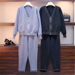 Women's Two Piece Pants 2023 Autumn Winter Knitted Sets Warm Women Tracksuit Coat Suit 2 Set Zipper Up Cardigans Long Trousers