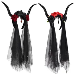 Hair Clips Gothic Antelope Sheep Horn Headband Flower & Tulle Hoop Halloween Devil Cosplays Accessories Headpiece