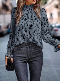 Men's Casual Shirts Eotvotee Oversized Blouse Women Spring 2023 Leopard Print Half High Collar Long Sleeve Ladies Elegant Tops