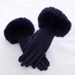 Five Fingers Gloves Female Faux Rabit Fur Suede Leather Touch Screen Driving Glove Winter Warm Plush Thick Embroidery Full Finger Cycling Mitten H92 231208