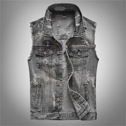 Men's Vests Spring Autumn Vintage Denim Vest Male Sleeveless Jacket Men Grey Ripped Hole Jean Waistcoats Clothing Oversize 5XL 231207