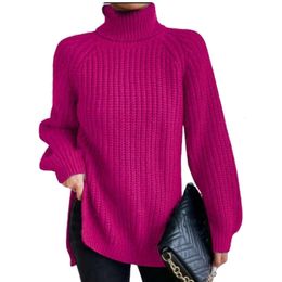 Cashmere Sweater Women Autumn/winter New Knitwear Mid Length Raglan Sleeve High Flip Collar Split Sweater Dress 985