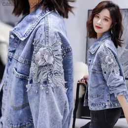 Women's Jackets Women's Fall Long Sle Denim Jacket Beaded Embroidered Biker Jacket Ladies Short Coat Loose Korean Version All-match Cardigan L231208