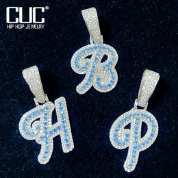 Pendant Necklaces A Z Single Blue Zircon Cursive Letter Hip Hop For Men Women Solid Back Bling Name Necklace Chain Jewellery 231208